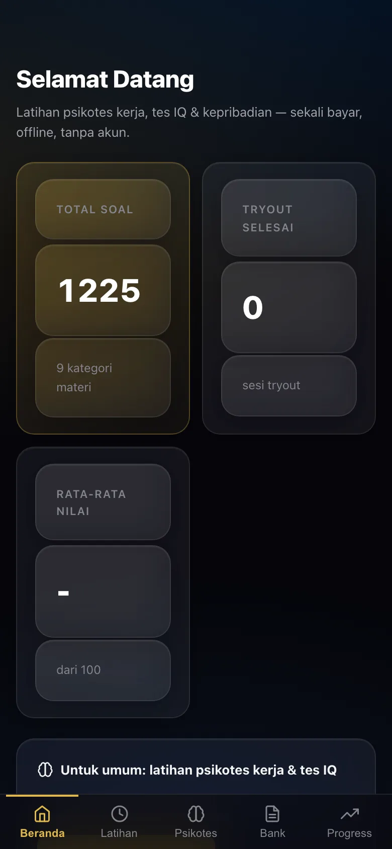 Aplikasi SiapPsikotes di iPhone: beranda dengan jalur seleksi dan pilihan modul latihan
